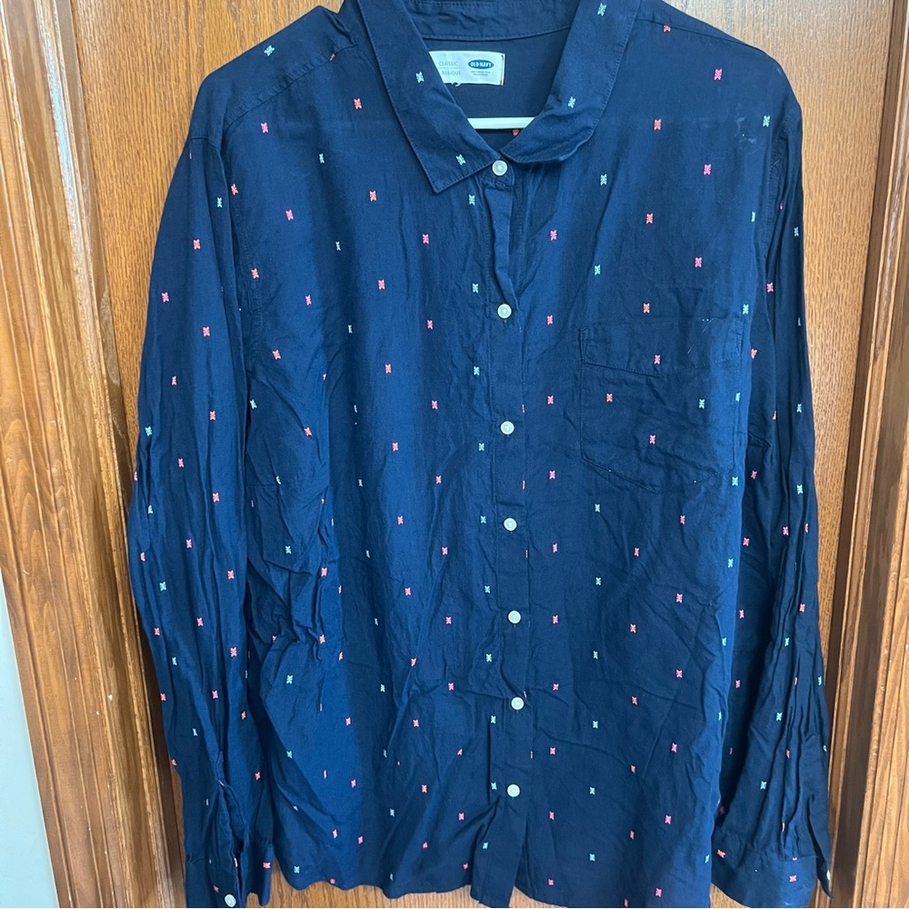 Old Navy Dark Blue With Multi Color Shapes Button Down Shirt Size XXL